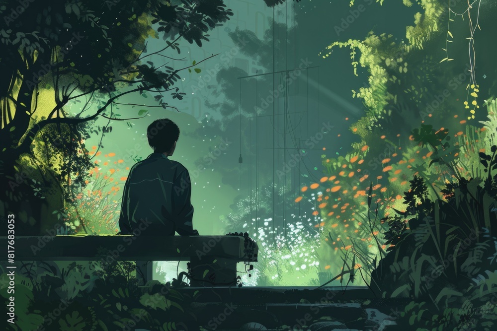 Aufkleber a person sitting on a bench in a serene forest setting. ideal for nature and relaxation concepts