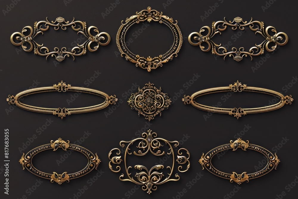 Poster Elegant set of ornate gold frames on a black background. Perfect for adding a touch of luxury to any design project