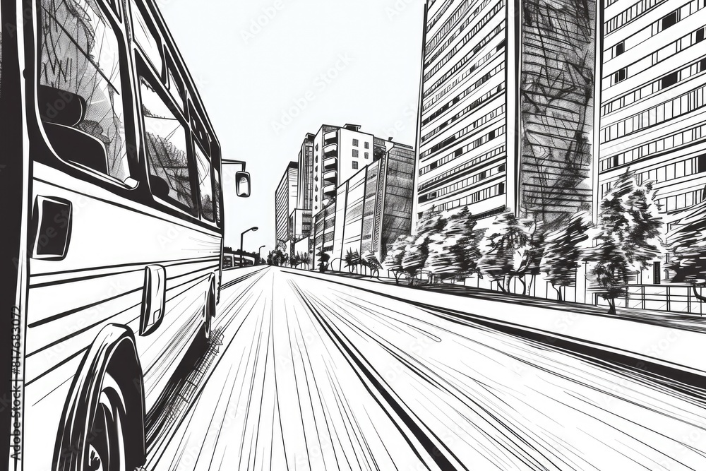 Poster Urban cityscape with bus driving down street, ideal for transportation concepts