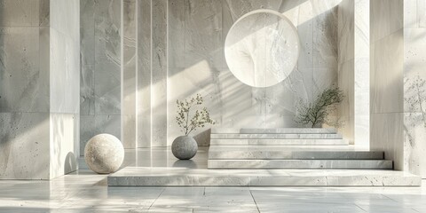 Obraz premium 3D rendering of a room with white marble walls and steps in a contemporary design
