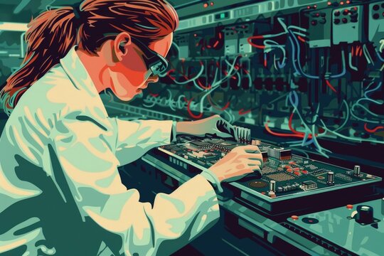 A woman in a lab coat working on electronic equipment. Suitable for science and technology concepts