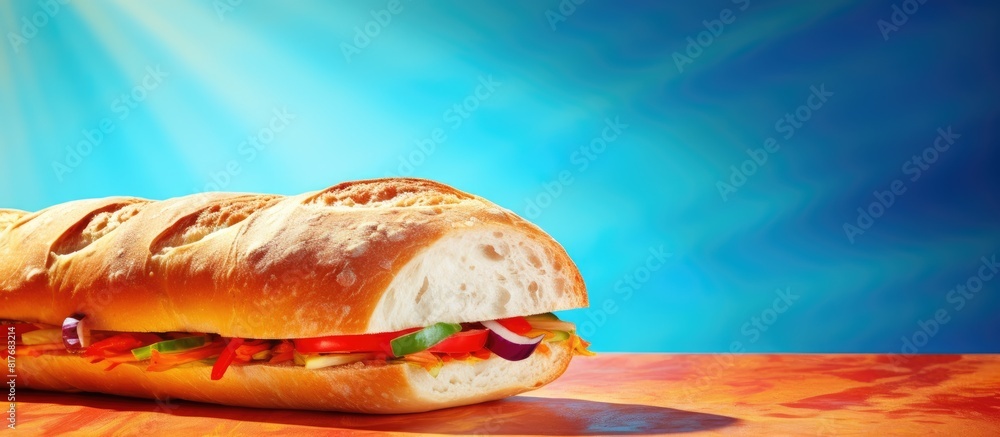 Poster a delicious ciabatta sandwich displayed on a colorful background with plenty of copy space