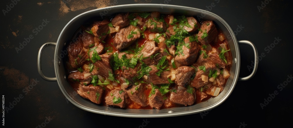 Poster A top view of a pan with canned stewed horse and beef meat set against a gray background with copy space for additional elements