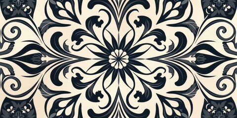 Intricate black and white tile with a detailed ornate pattern