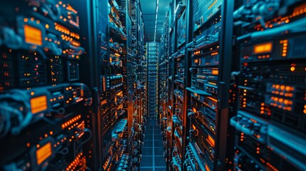 The image shows a server room full of computer racks with blinking lights.
