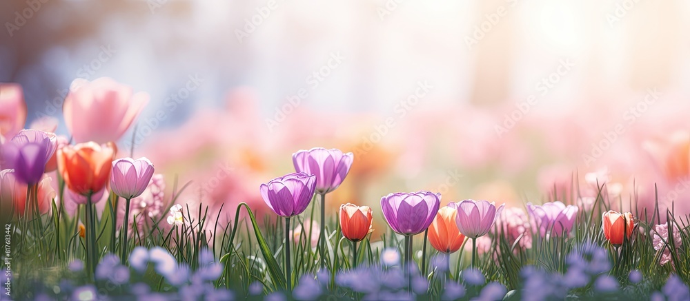 Poster a background image capturing the beauty of blooming flowers during spring with ample copy space for 