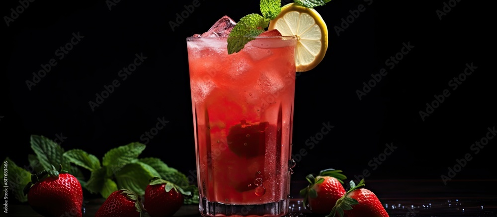 Poster a refreshing drink of homemade strawberry lemonade with a hint of basil is showcased on a dark backg