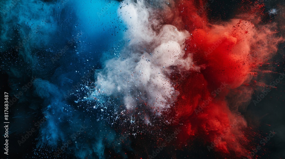 Poster a dynamic image showcasing an intense collision of red and blue powder particles creating a dramatic