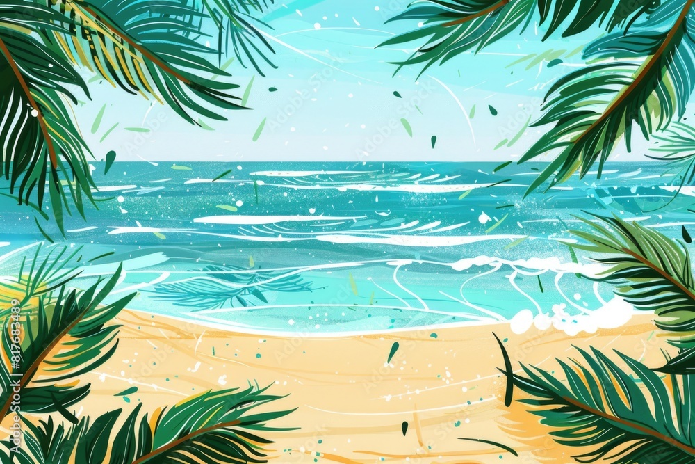 Poster tropical beach scene with palm trees and ocean view. ideal for travel and vacation concepts