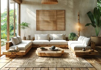 Sunny living room with modern wooden sofa and tropical plants