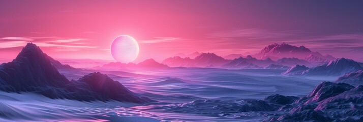 A pink planet stands out against a snowy backdrop in a wintry landscape