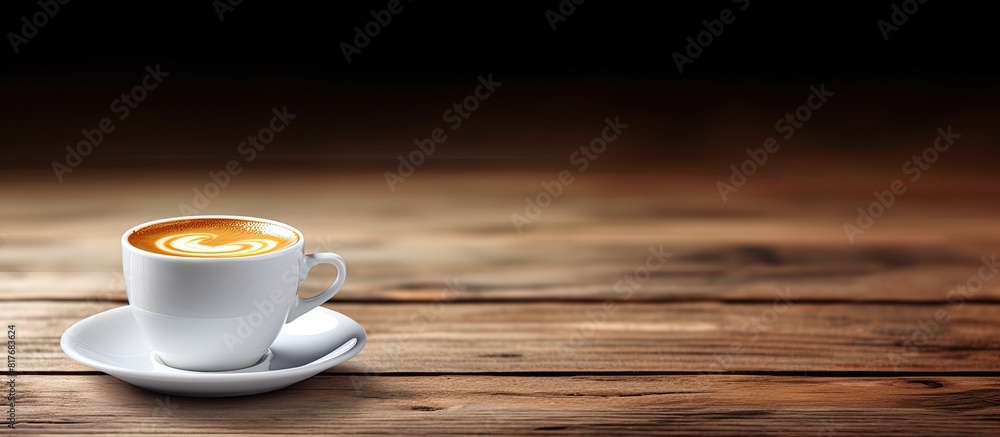 Aufkleber a cup of espresso with a white design rests on a wooden table that has a background of wood the imag