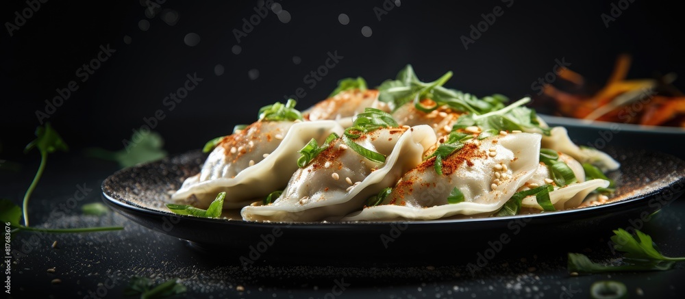Poster side view close up of dumplings seasoned with pepper salt herbs and microgreens served on a gray con
