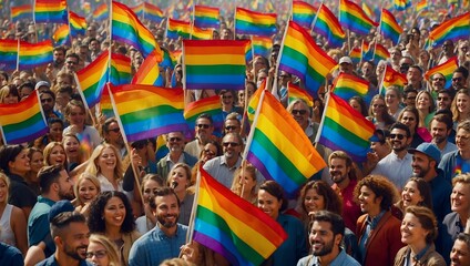 Fototapeta premium A crowd holds rainbow flags to support the LGBTQ community for equality and diversity. Happy Pride month