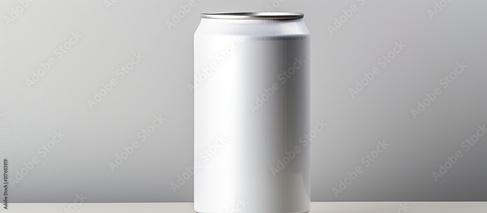 Poster closeup of a white can of energy drink on a light grey background with ample space for text