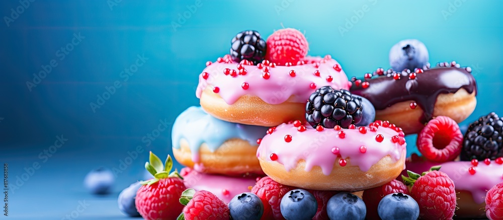 Poster glazed mini donuts with fresh raspberries and blueberries in an image with copy space