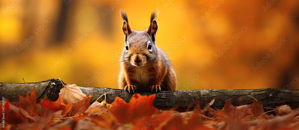 Poster Autumn leaves surround a squirrel in the scene of a copy space image