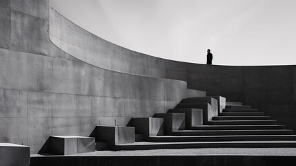 A black and white photograph of a modern, minimalist architectural structure with curved and stepped concrete elements. A solitary figure stands at the top of the structure.