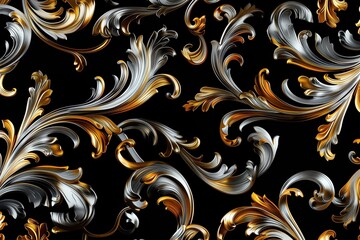 Elegant pattern of ornate scrolls in gold and silver emerging on a solid black background.