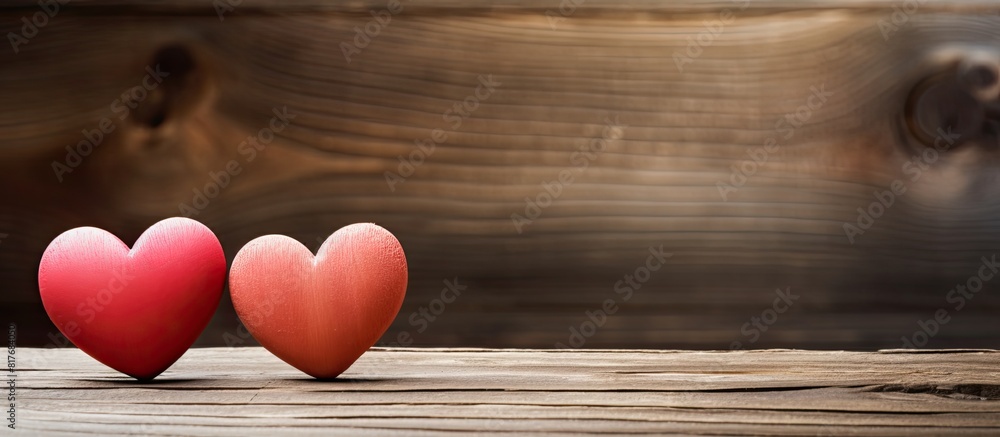 Poster a romantic valentines day image with two hearts displayed on a rustic wood background providing copy