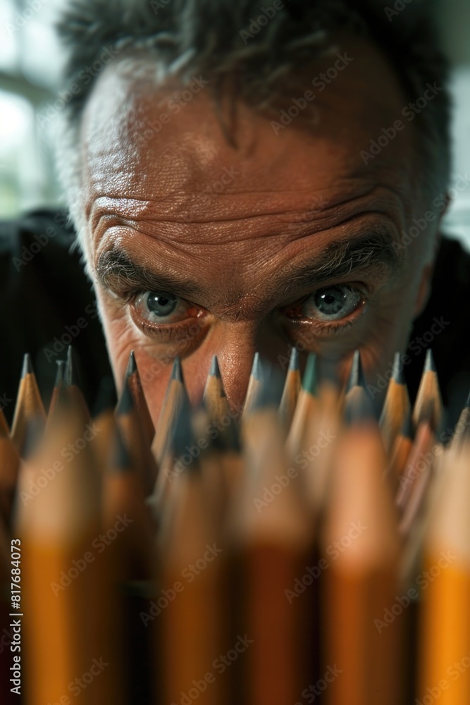 Poster close-up of a person examining a group of pencils. suitable for educational and office concepts