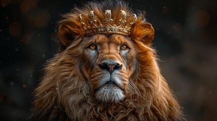 Fototapeta premium Majestic lion with an elegant crown embodies regal splendor in a magical forest setting
