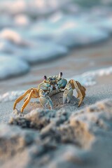 Fototapeta premium A crab sitting on the sand at the beach. Suitable for nature and marine-themed designs