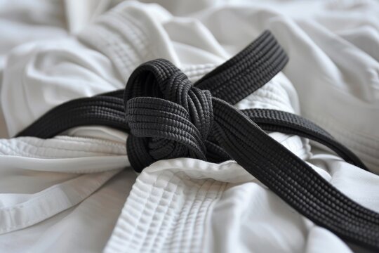 Black belt in martial arts with white gi in background