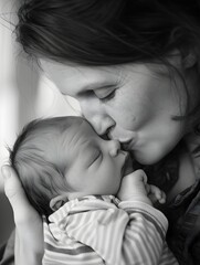 Woman Kissing Her Newborn Baby Boy