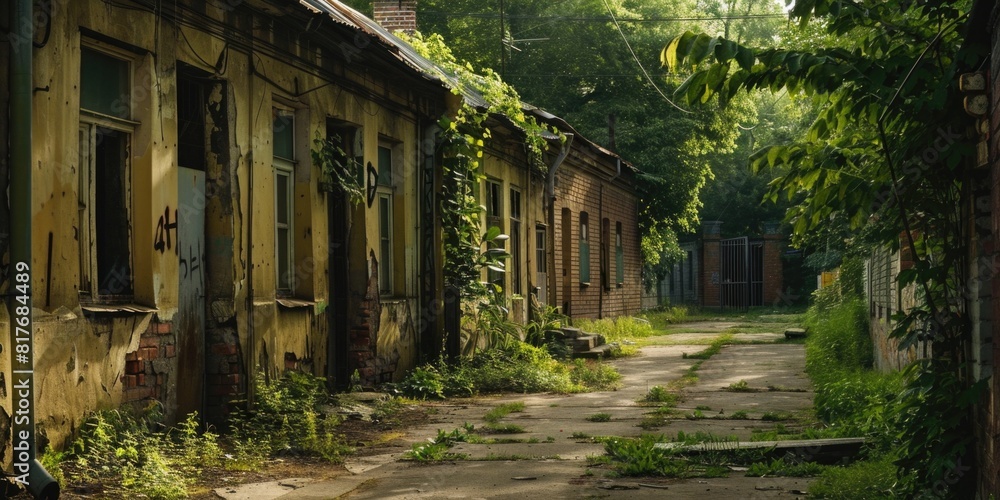 Poster a rundown building with numerous windows. suitable for urban exploration websites