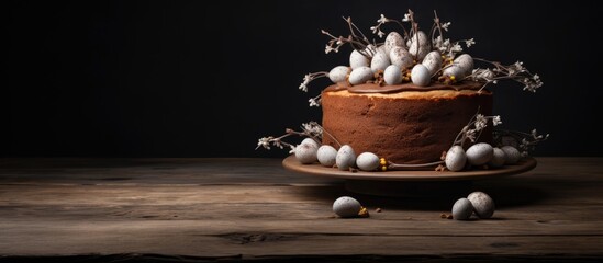 An Easter cake is presented on a wooden table against a dark background offering ample copy space...