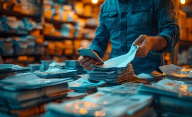Man in blue shirt using smartphone with digital overlay of communication icons