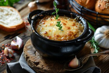 Black bowl with French onion soup
