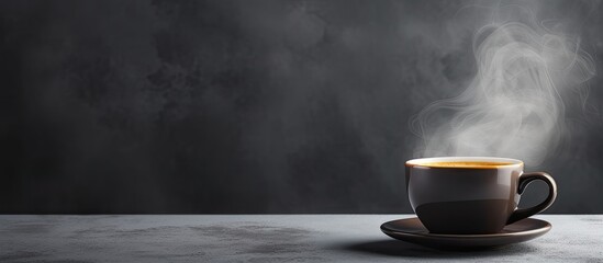 A copy space image of a steaming cup of hot coffee against a gray background