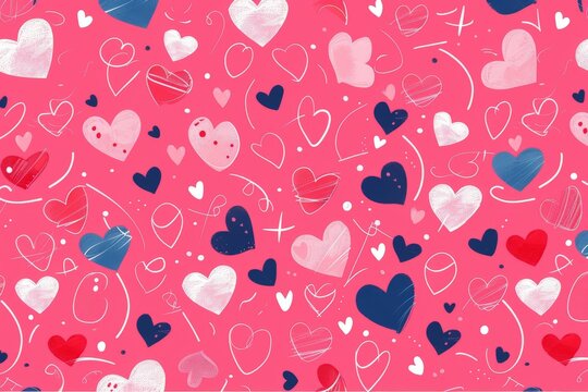 Abstract seamless geometric pattern with hearts in pink colors. Cute background - Valentines day design. Beautiful simple AI generated image in 4K, unique.