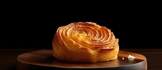 A spiral puff pastry cake showcased on a dark wooden surface providing ample room for additional images or text