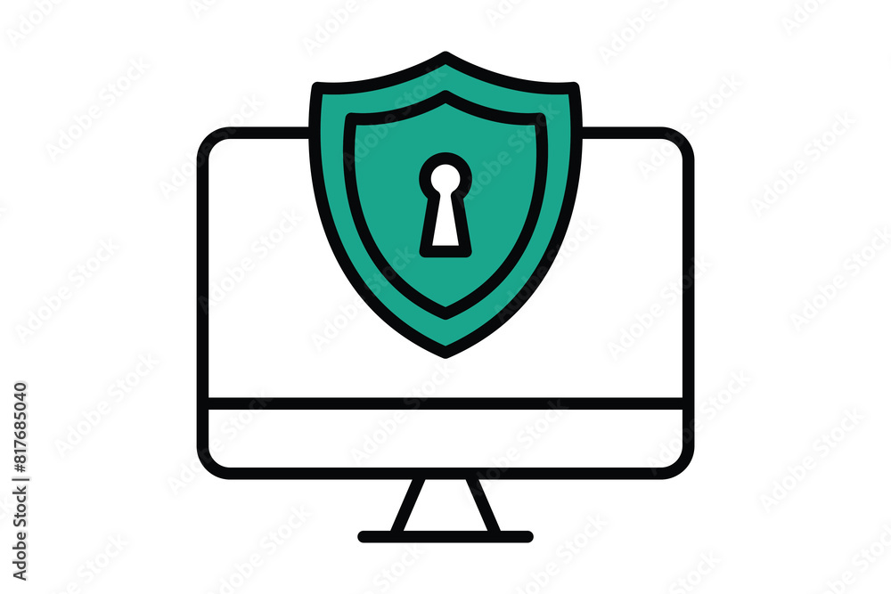Poster computer security icon. computer with antivirus. icon related to information technology. flat line i