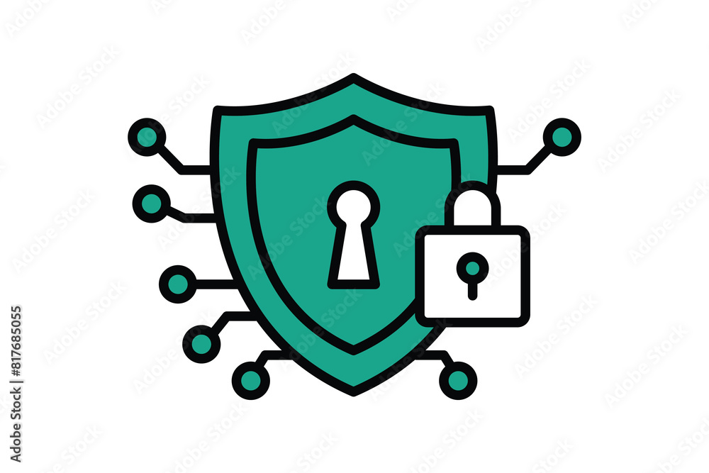 Poster cyber security icon. shield with padlock. icon related to information technology. flat line icon sty