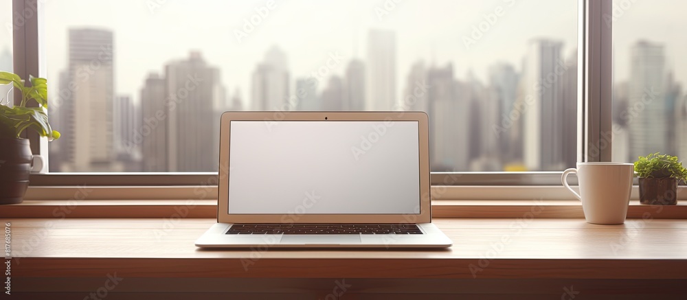 Poster In the office there is a laptop placed on a table with a blank screen providing empty space for an image. Creative banner. Copyspace image