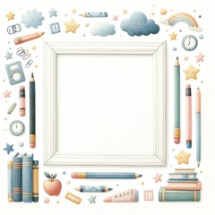 Education themed frame or border for photos and text, watercolor illustration, Perfect for nursery art, simple clipart, single object, white color background. 