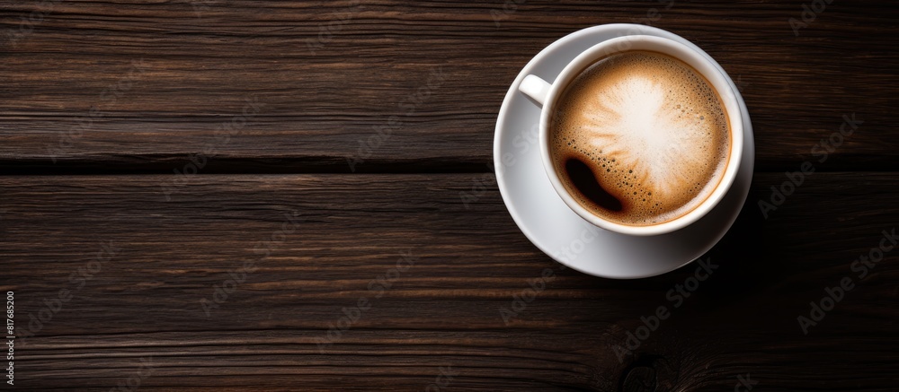 Aufkleber A top down view of a cup of espresso coffee placed on a dark wooden backdrop providing ample space for text