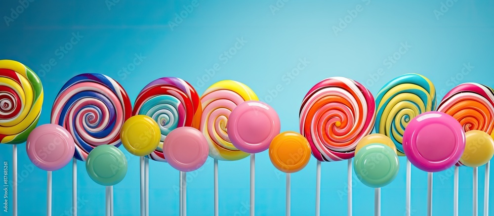 Poster colorful spiral lollipops placed against vibrant backgrounds leaving empty space for images. creativ