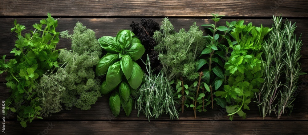 Poster A top down view of fresh garden herbs arranged on a wooden table with ample space for additional content in the image