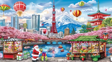 japanese city with santa claus and hot air balloons