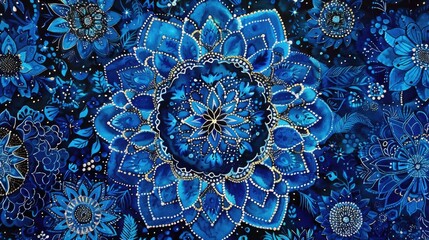 Electric blue base with mesmerizing mandala patterns intricately woven.
