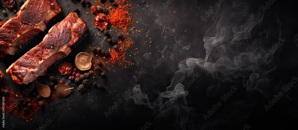 Poster textured stone background with a space for your text showcasing flavorful marinated pork ribs season