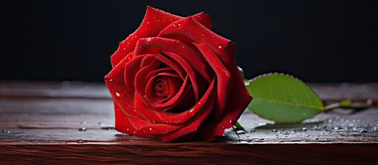 A beautiful red rose perfect for Valentine s Day displayed on a table creating a lovely copy space image - Powered by Adobe