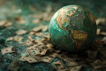 Old globe on many currencies. World economy and world bank concept. World economic crisis concept.