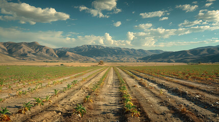 A vast agricultural field with rows of young crops under a partly cloudy sky. Mountains are visible in the background.
