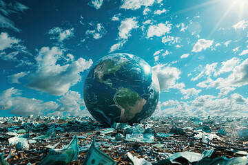 Model of the globe and many currencies on a landfill against a blue sky. World crisis and environment concept.